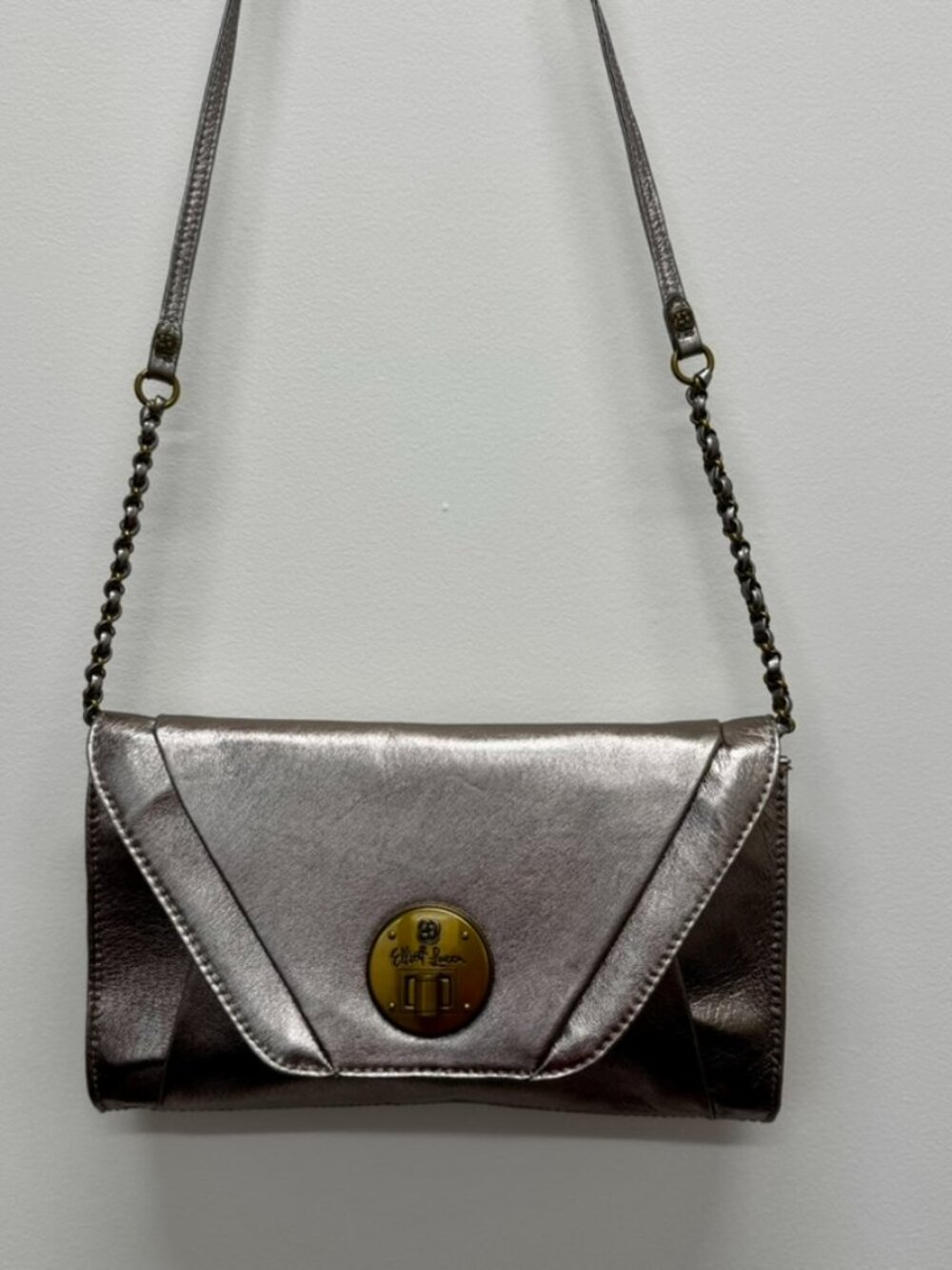 Elliott Lucca Metallic Silver Crossbody Bag Bronze Turn-Lock Hardware